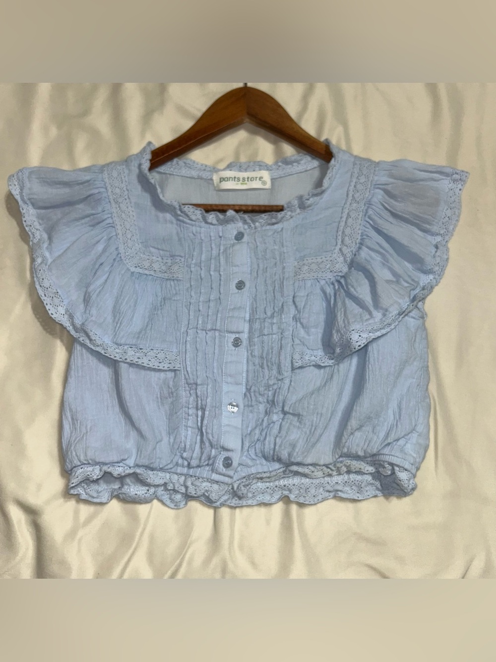 The Pants Store Blue Ruffle Lace Top — S